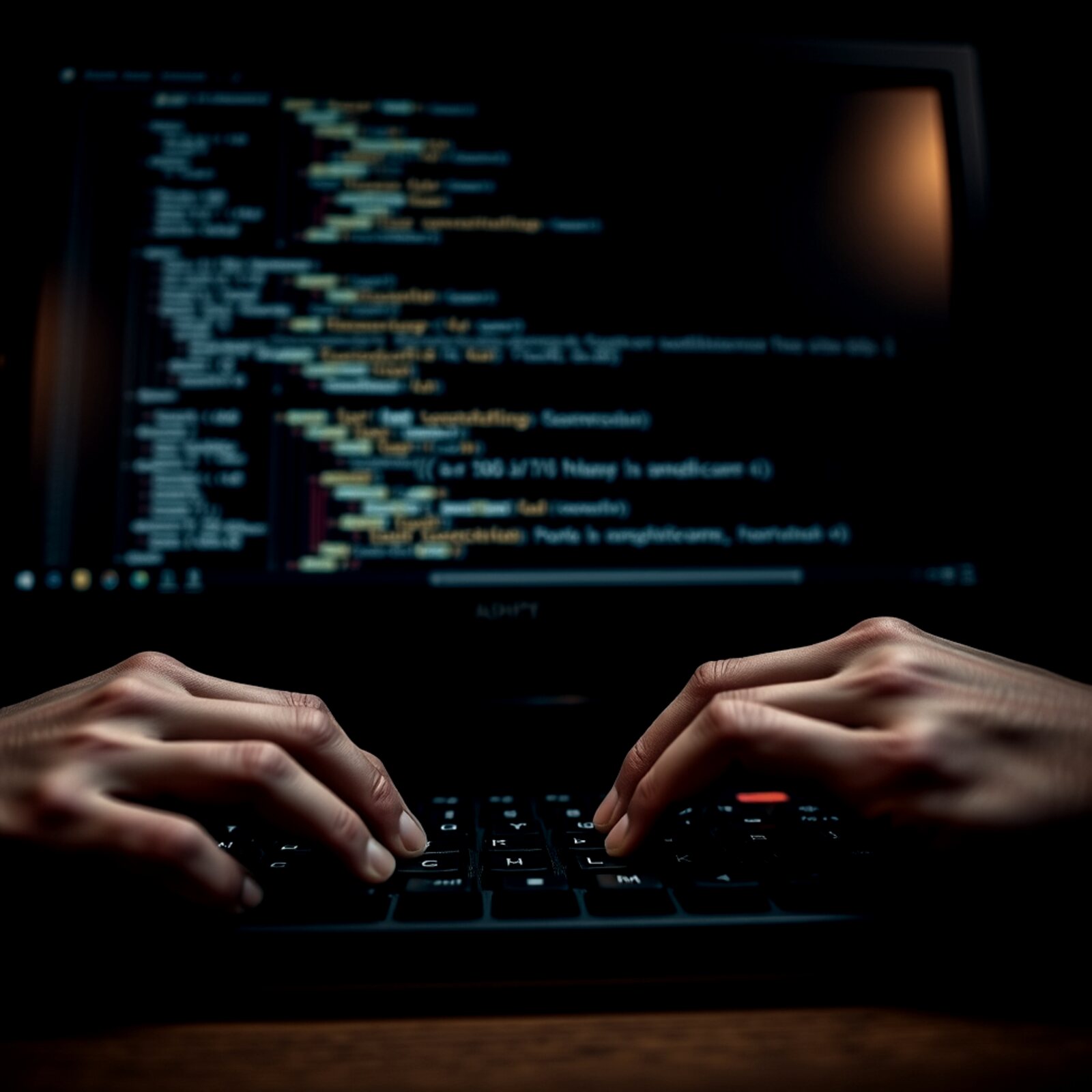 An HLDHub engineer building the production stack — hands on a mechanical keyboard with PHP and schema on screen