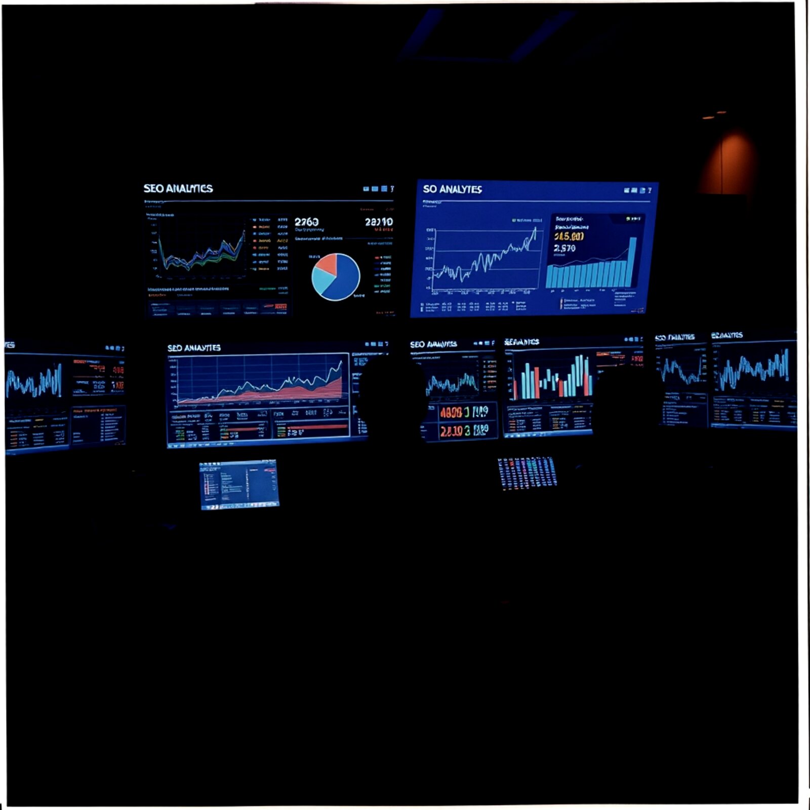 HLDHub operations — a wall of live SEO analytics and campaign dashboards monitored in real time