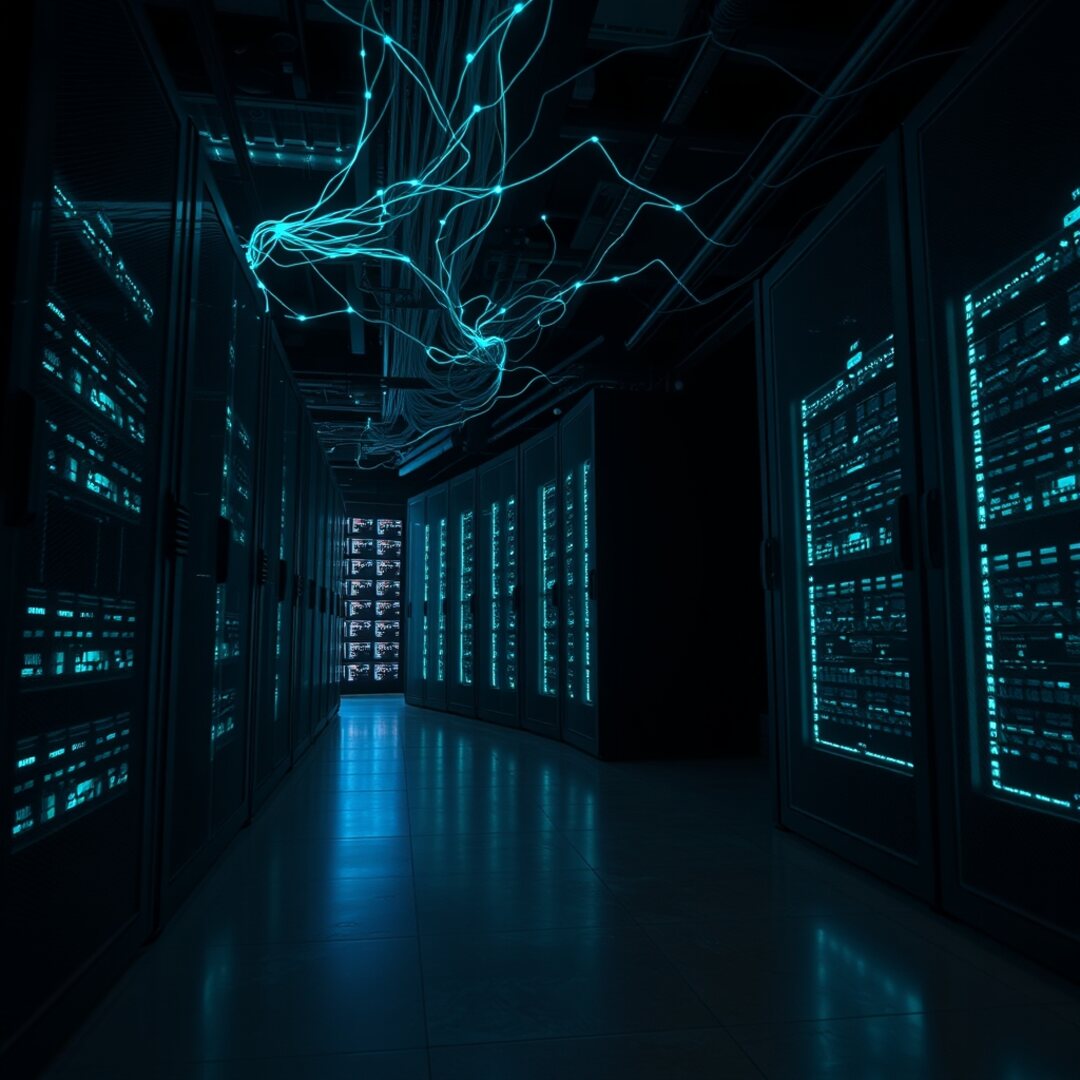 Custom AI agents processing structured data streams inside a dark high-density server environment