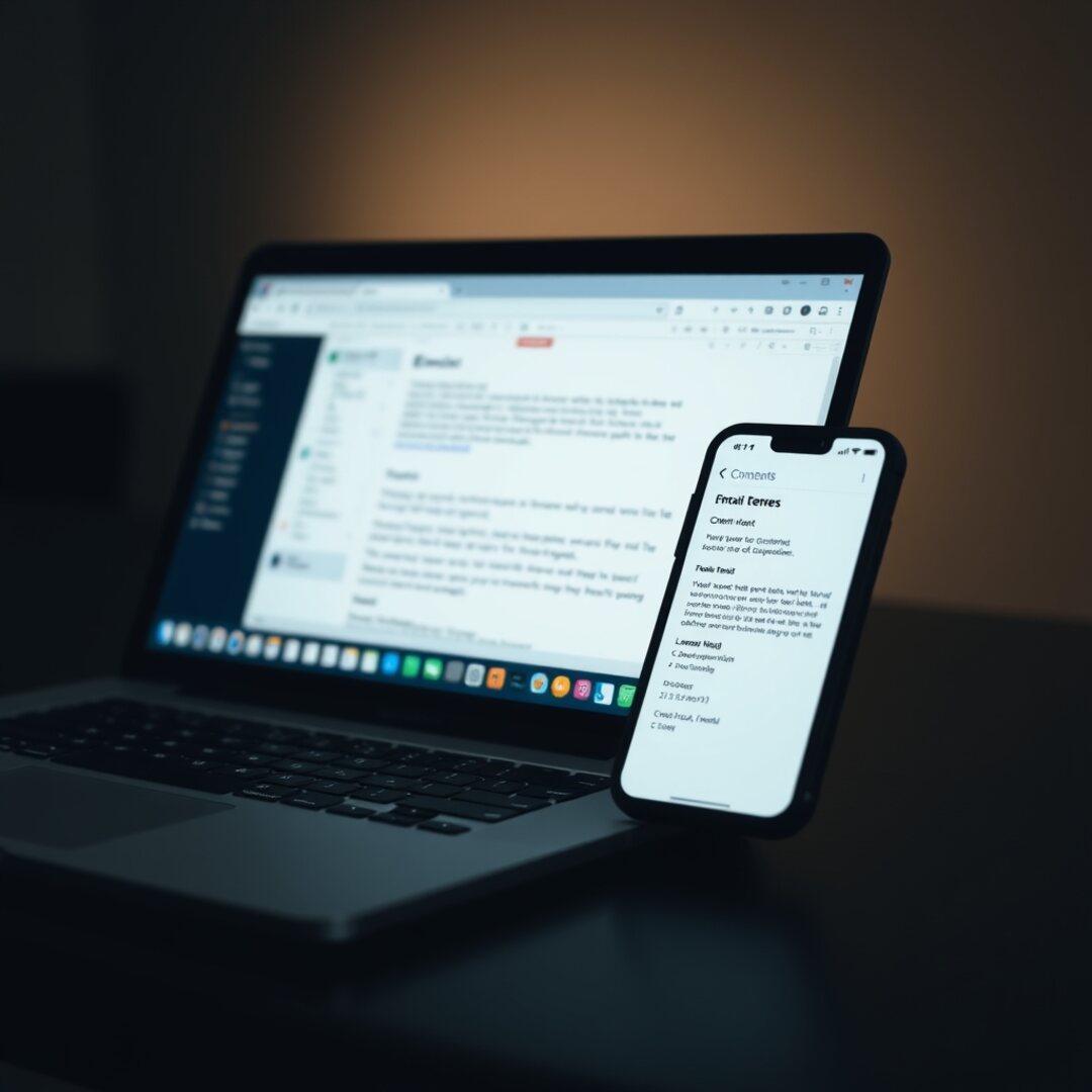 Professional email inbox on a laptop and phone, clean modern interface, dark desk