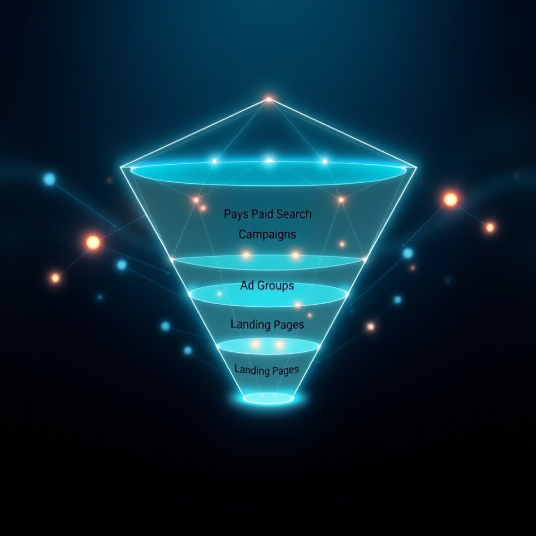 Google Ads campaign funnel architecture with cyan and amber data flows on dark navy background