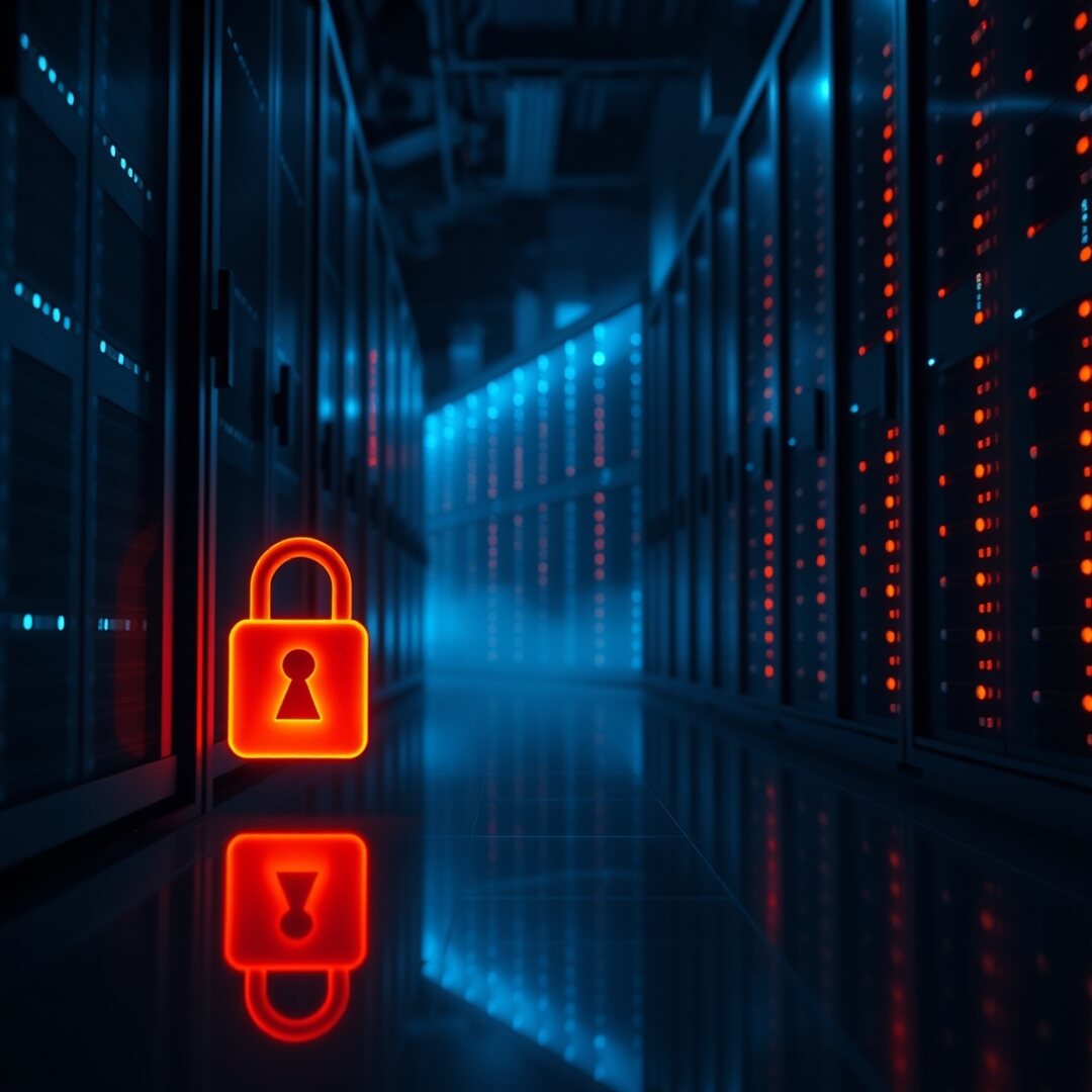 Dimly lit data center server rack with glowing amber padlock reflection on floor, representing enterprise website security hardening