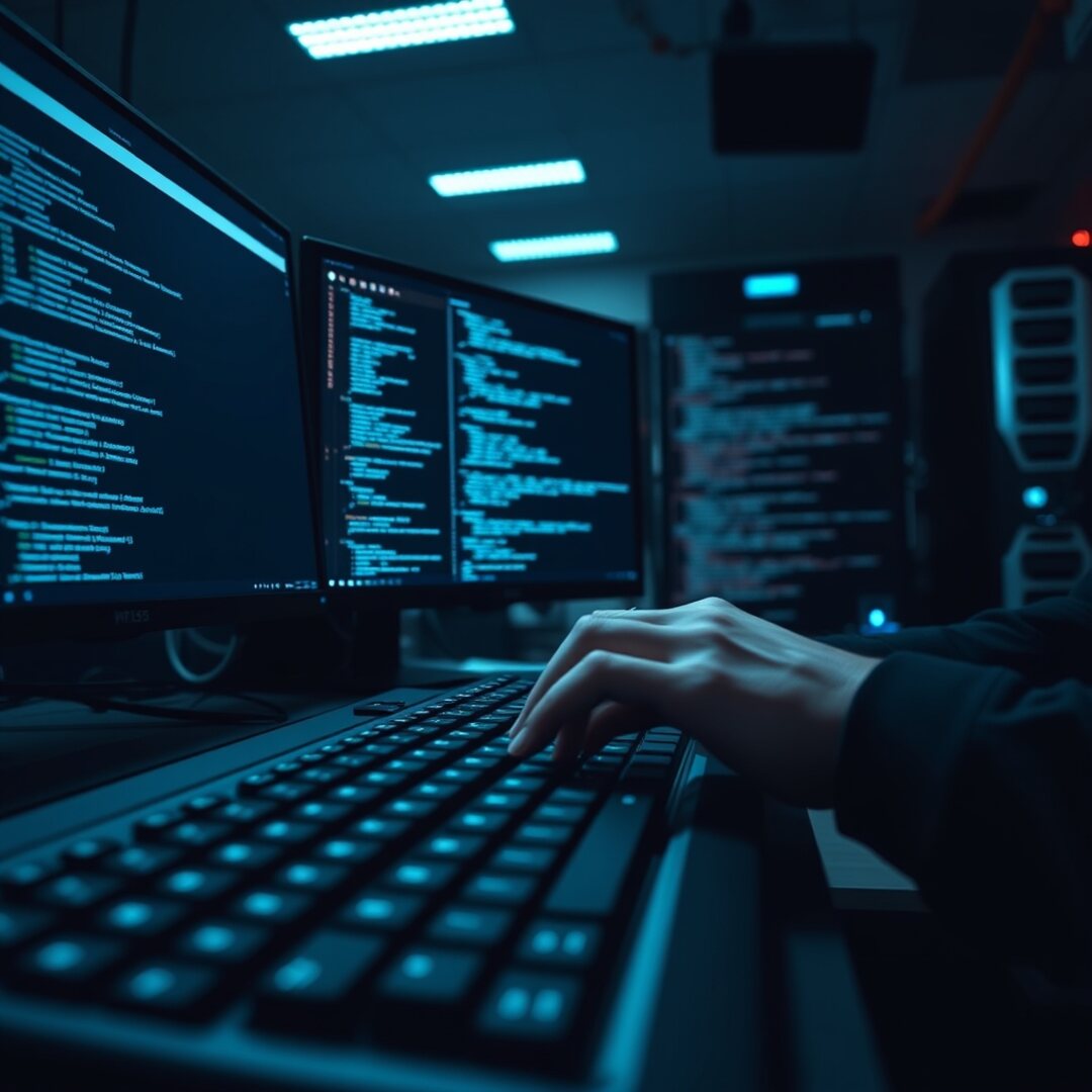 Custom web engineering workspace with glowing code on dark monitors in a professional development environment