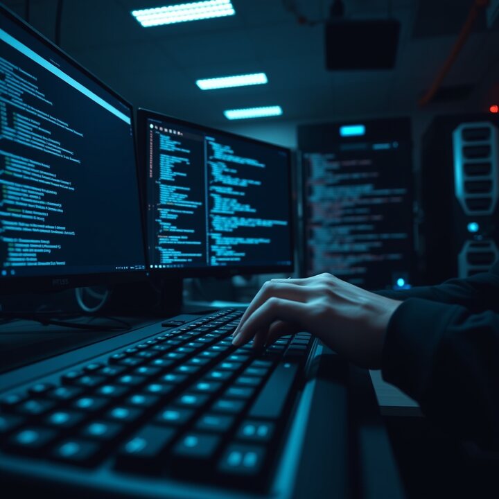 Custom web engineering workspace with glowing code on dark monitors in a professional development environment